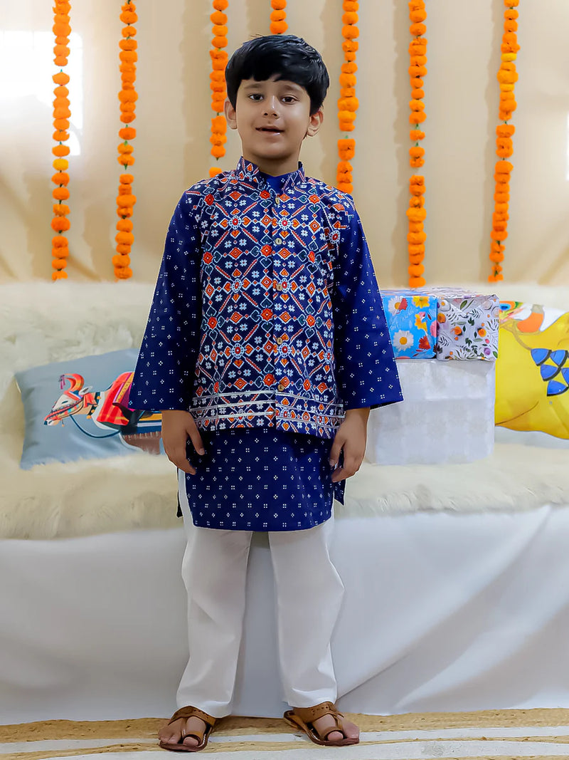 BownBee Pure Cotton Printed Jacket with Kurta Pajama for Boys- Indigo