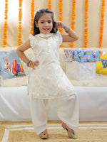 BownBee Girls Chanderi Kurti with Patiala Salwar and Dupatta - White