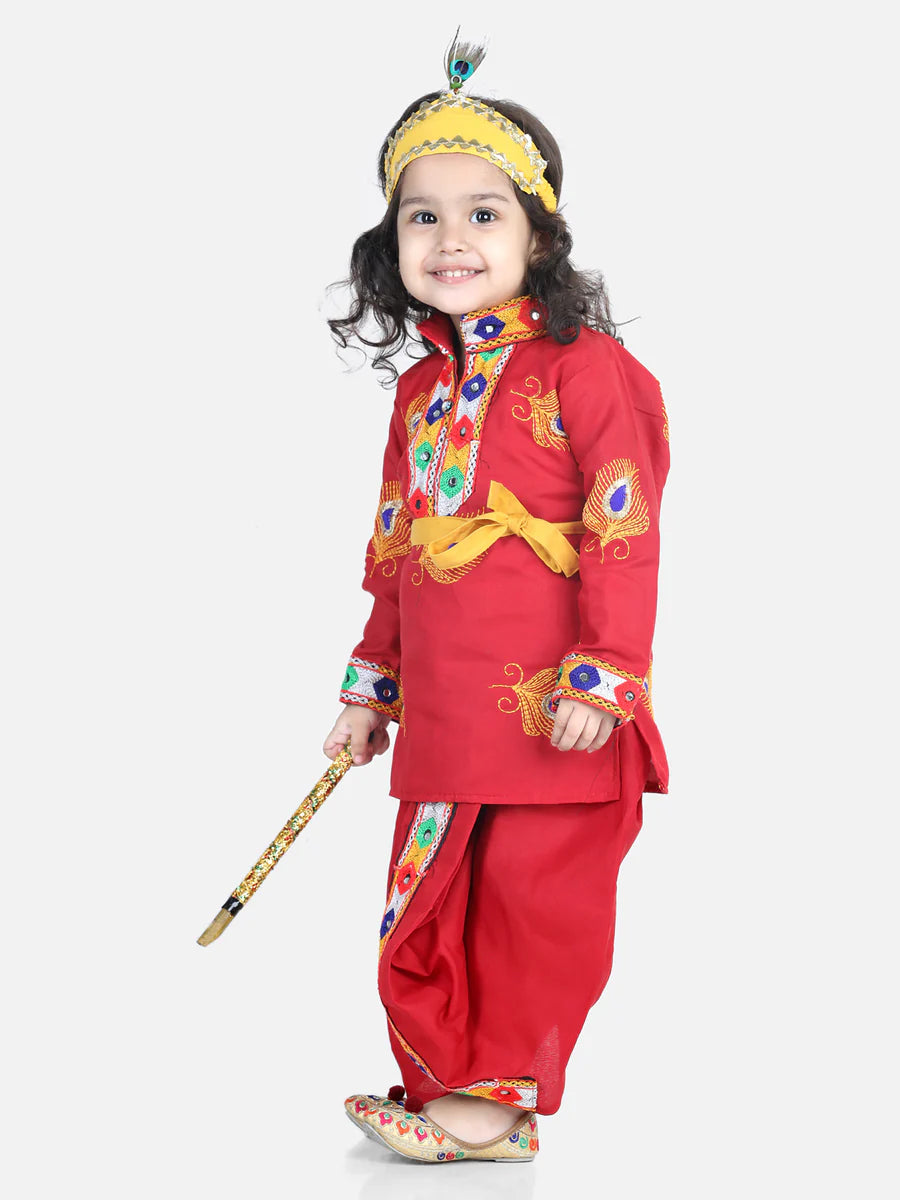 BownBee Embroidered Kanhaiya Dhoti Kurta with Mukut Bansuri Belt for Boys- Red