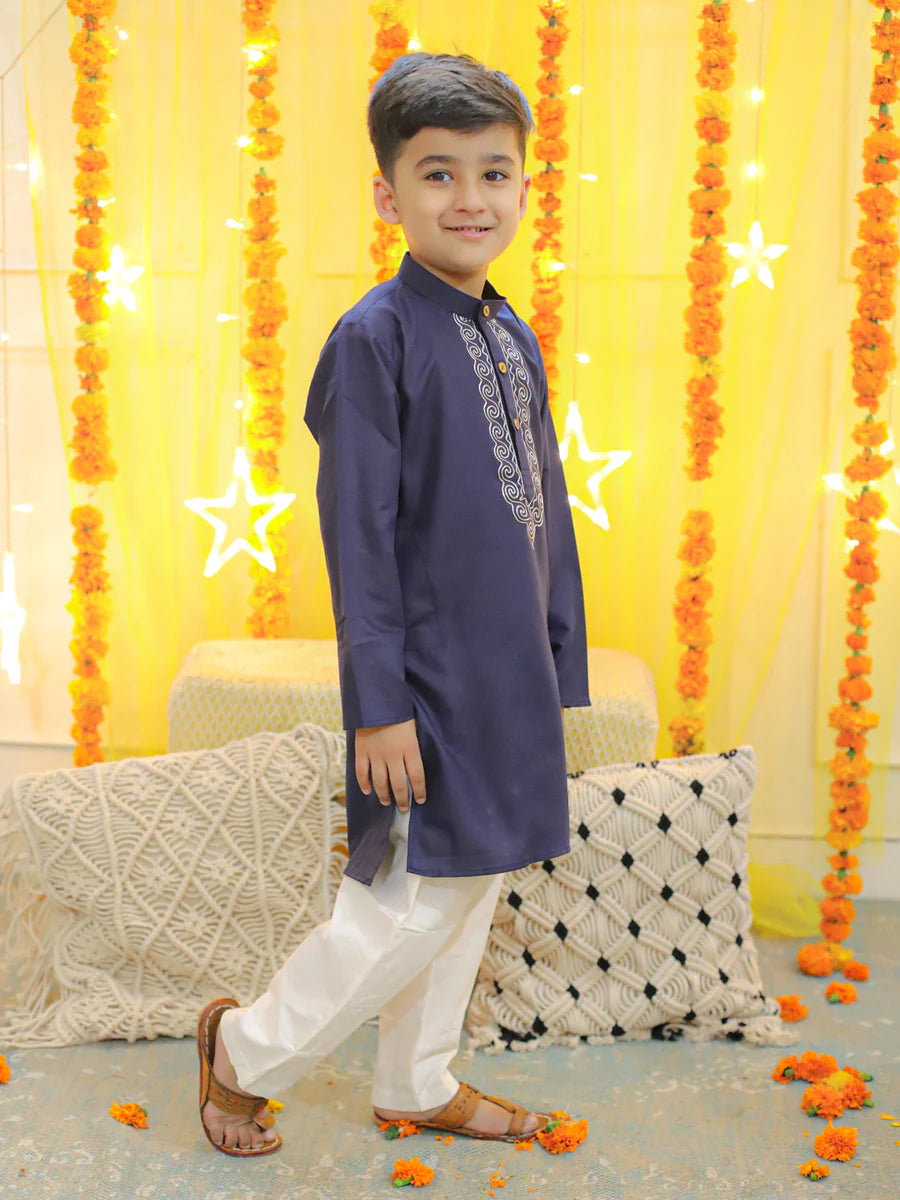 BownBee Embroidery Cotton Full Sleeve Kurta Pajama for Boys - Blue