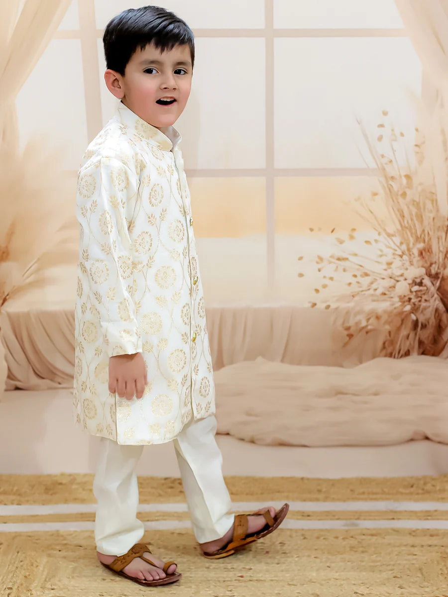 BownBee Pure Chanderi Full Sleeve Sherwani with Pajama for Boys- White