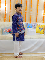 BownBee Pure Cotton Printed Jacket with Kurta Pajama for Boys- Indigo