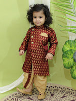 BownBee Jacquard Full Sleeve Sherwani with Dhoti for Boys- Maroon