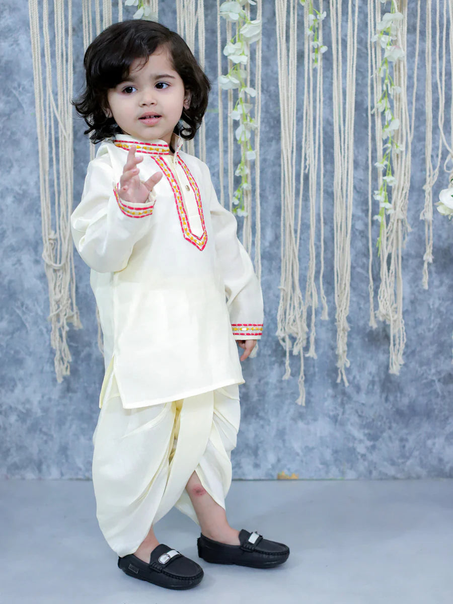 BownBee Embroidered Full Sleeve Dhoti Kurta for Boys- White