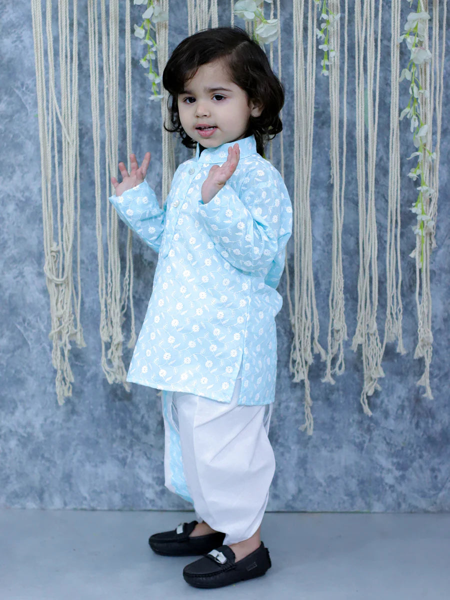 BownBee Chikan Cotton Full Sleeve Kurta with Dhoti for Boys - Blue