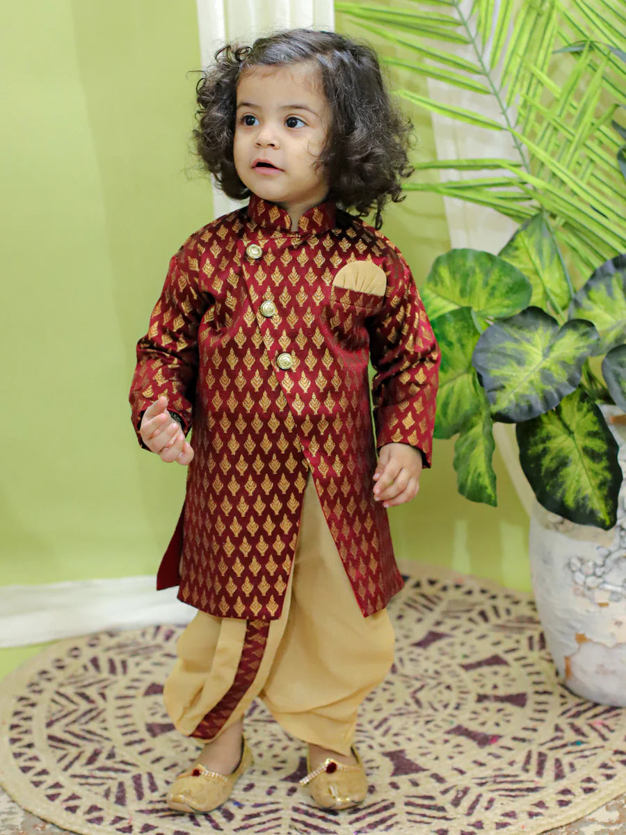 BownBee Jacquard Full Sleeve Sherwani with Dhoti for Boys- Maroon