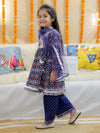 BownBee Pure Cotton Angrakha Kurti Pant With Dupatta for Girls - Indigo