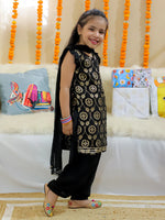 BownBee Girls Chanderi Kurti with Patiala Salwar and Dupatta - Black