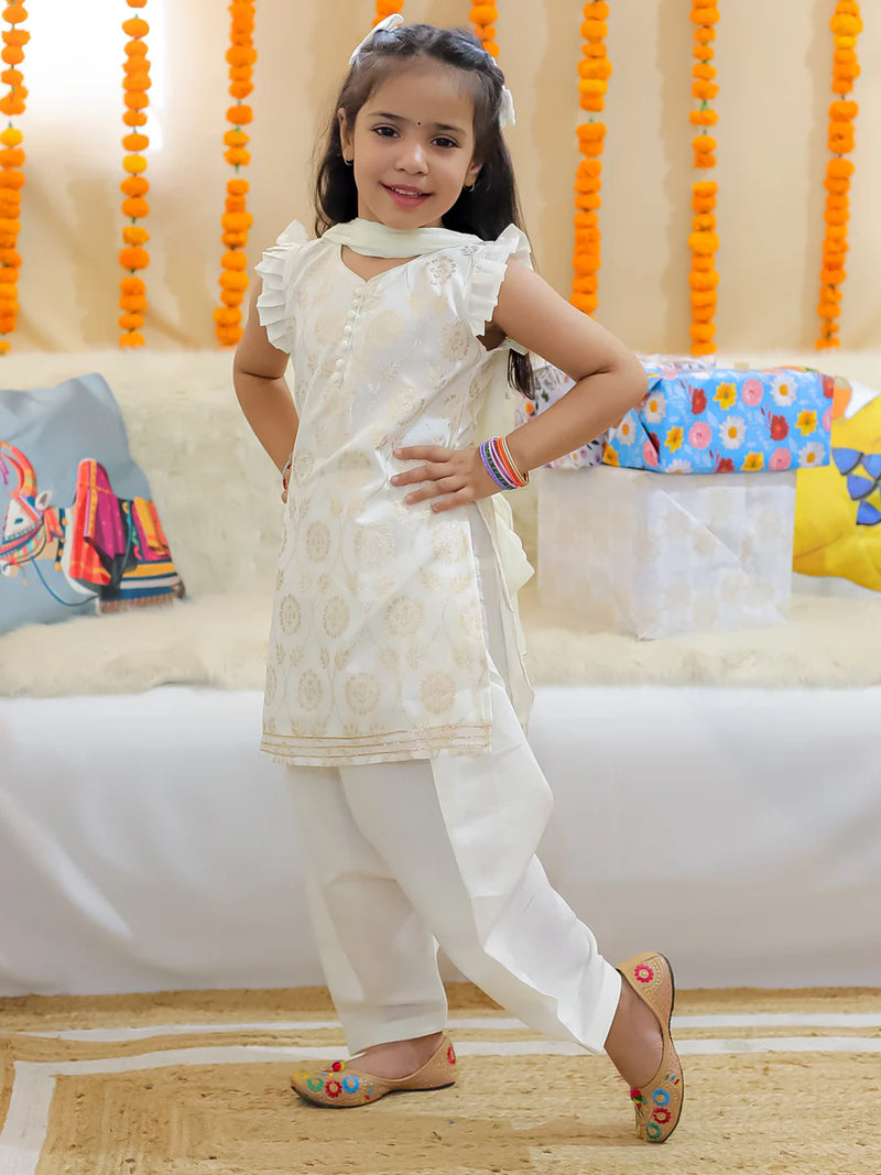 BownBee Girls Chanderi Kurti with Patiala Salwar and Dupatta - White