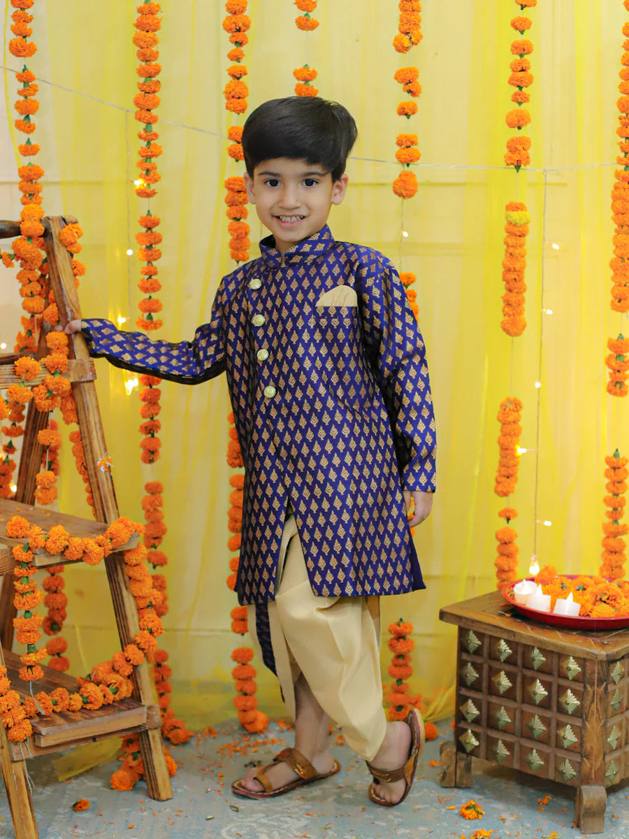 BownBee Jacquard Full Sleeve Sherwani with Dhoti for Boys- Blue