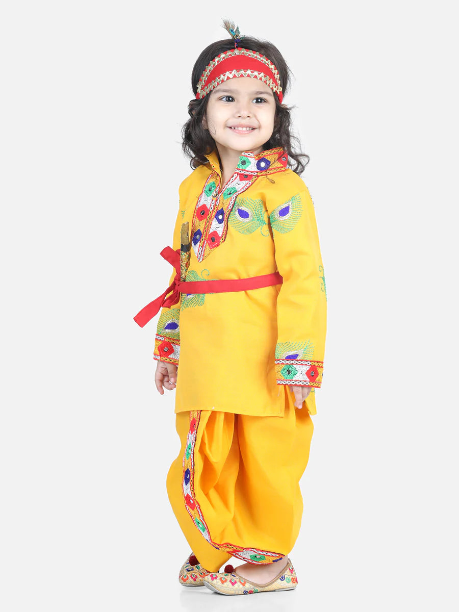 BownBee Embroidered Kanhaiya Dhoti Kurta with Mukut Bansuri Belt for Boys-Yellow