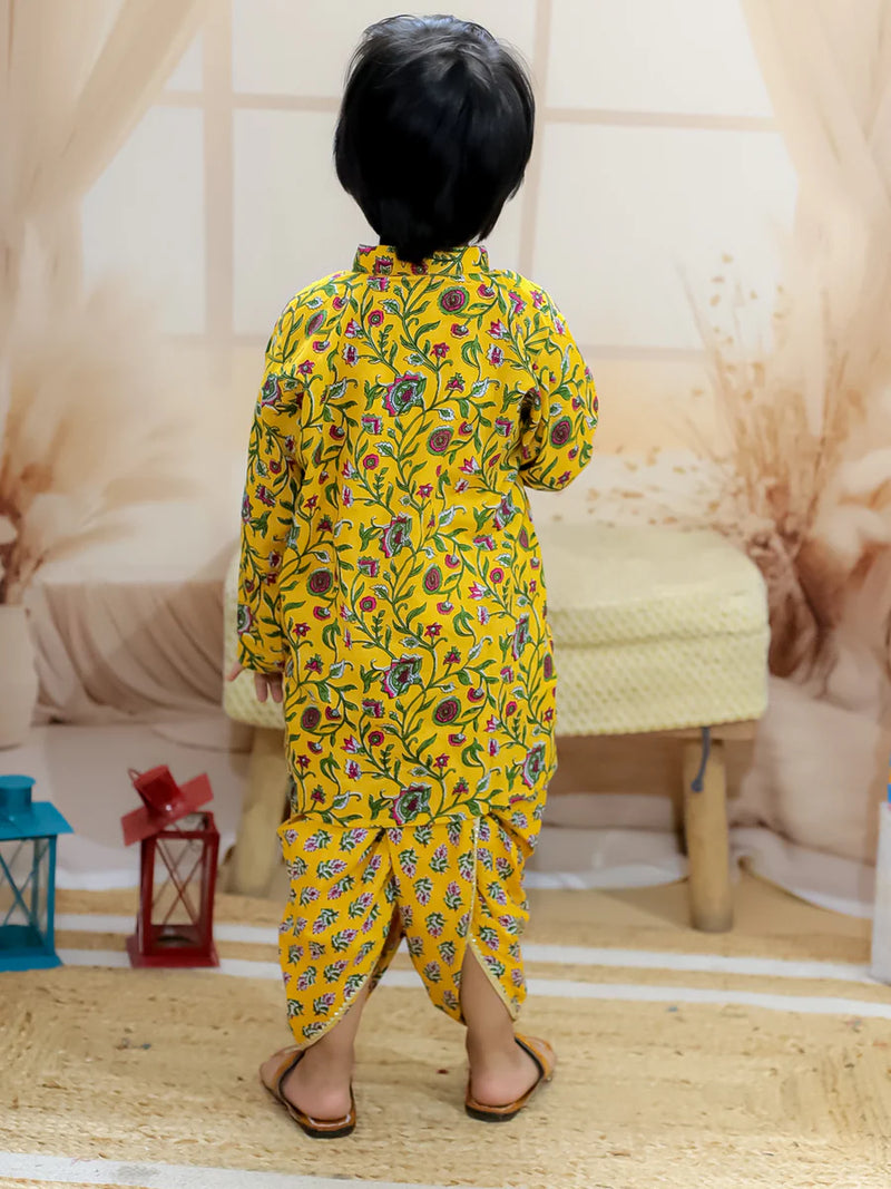 BownBee Pure Cotton Full Sleeve Printed Kurta Dhoti for Boys- Yellow