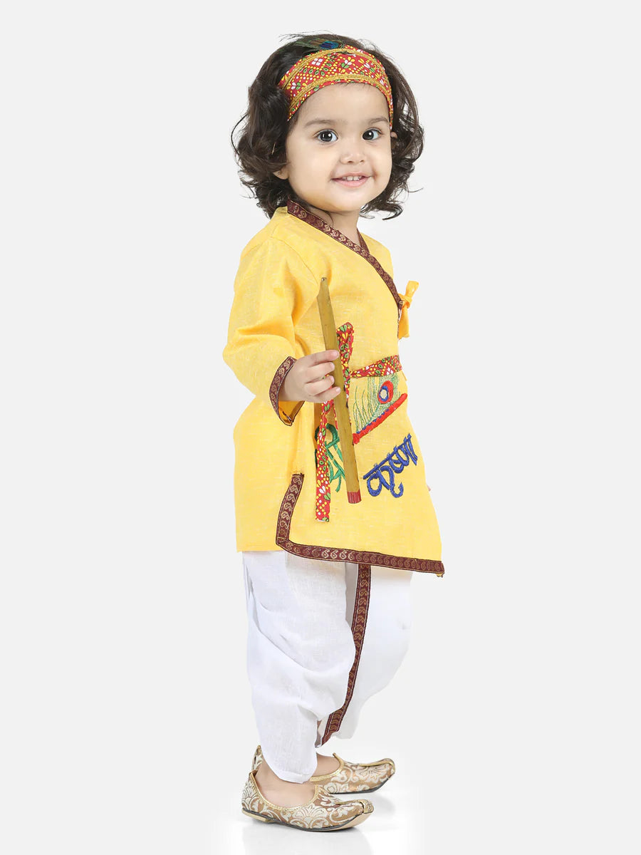 BownBee Full Sleeves Krishna Embroidery Detailing Kurta With Dhoti & Bansuri Mukut With Belt - Yellow