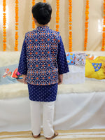 BownBee Pure Cotton Printed Jacket with Kurta Pajama for Boys- Indigo