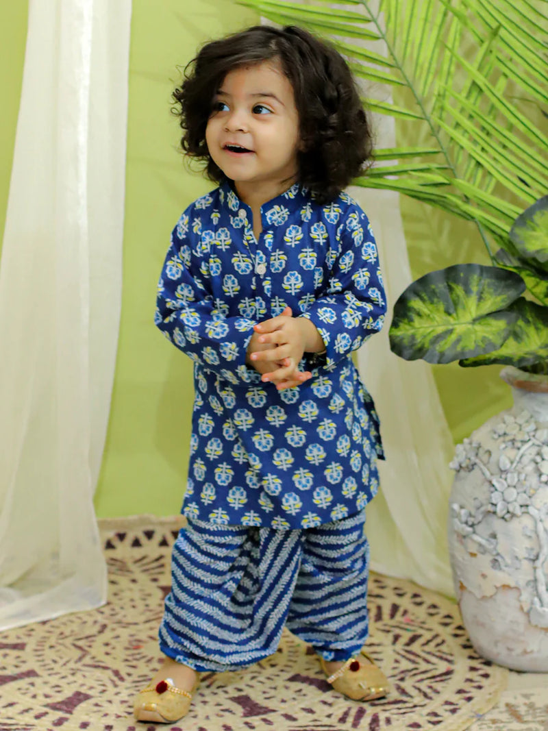 BownBee Full Sleeve Pure Cotton Dhoti Kurta for Boys- Indigo