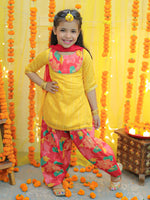 BownBee Girls Ethic Traditional Indian Festive Chanderi Kurta with Printed Salwar and Dupatta -Yellow