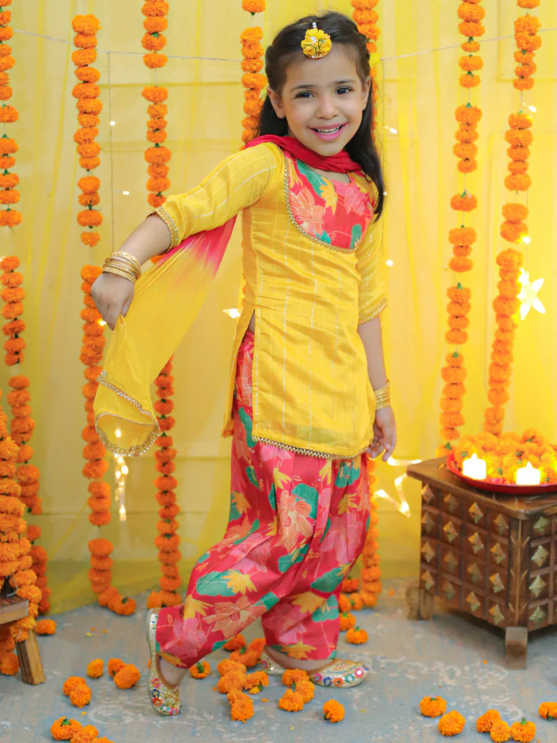 BownBee Girls Ethic Traditional Indian Festive Chanderi Kurta with Printed Salwar and Dupatta -Yellow