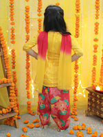 BownBee Girls Ethic Traditional Indian Festive Chanderi Kurta with Printed Salwar and Dupatta -Yellow