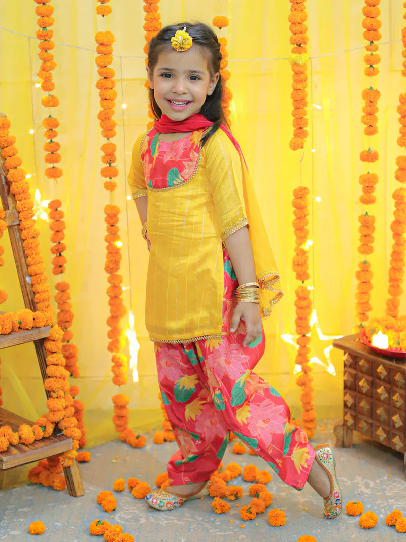 BownBee Girls Ethic Traditional Indian Festive Chanderi Kurta with Printed Salwar and Dupatta -Yellow