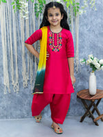 (BownBee Embroidered Kurti with Salwar and Dupatta for Girls- Pink