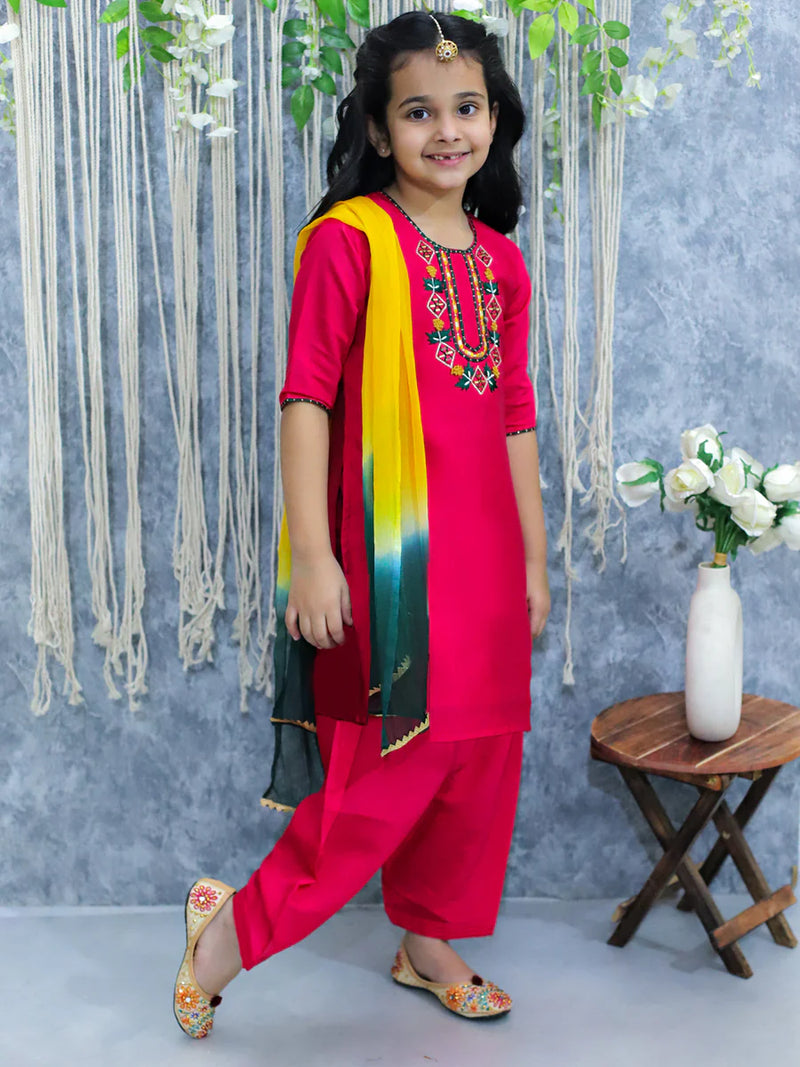 (BownBee Embroidered Kurti with Salwar and Dupatta for Girls- Pink