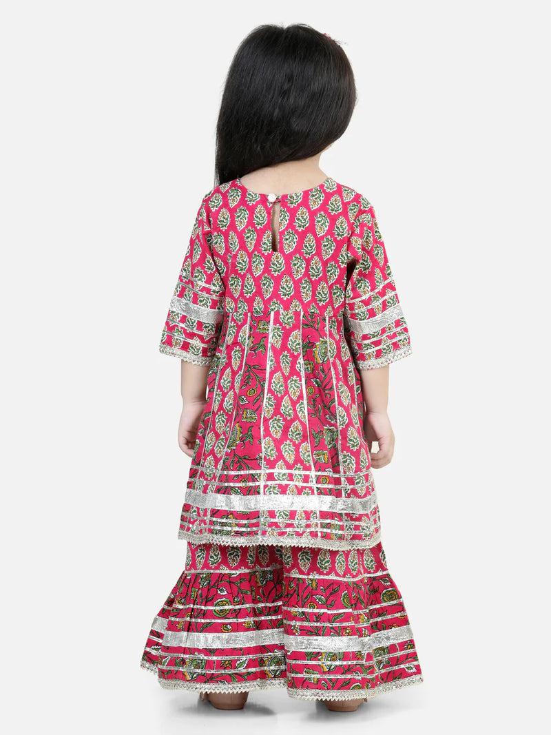 BownBee Pure Cotton Printed Kurta Sharara for Girls- Pink