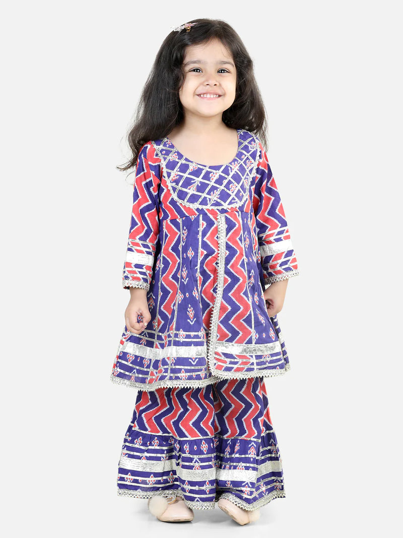 BownBee Pure Cotton Printed Kurta Sharara for Girls - Blue