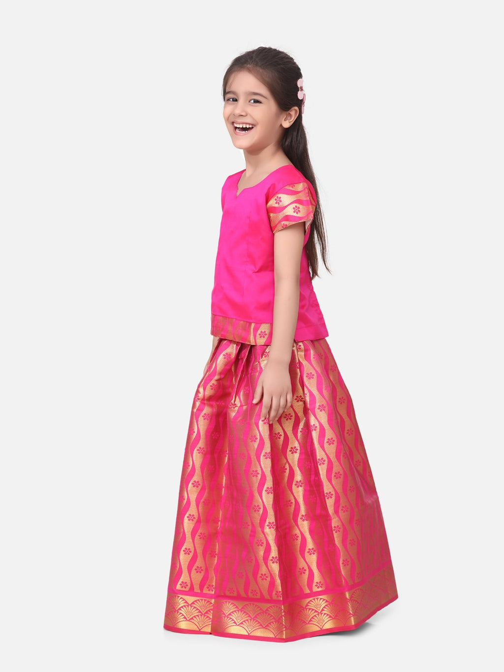 BownBee Girls Half Sleeve South Indian Pavda Pattu Lehenga